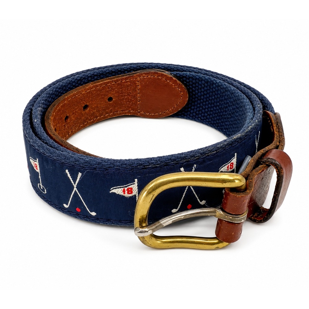 Leather Man Limited Men's Handmade Blue Canvas Golf Flags Leather Belt Size 38